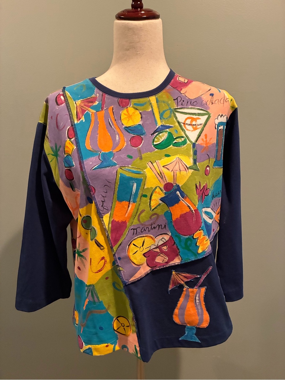 Women's Colorful Cocktail Print Pullover Sweatshirt - Navy & Multi HAND PAINTED!
